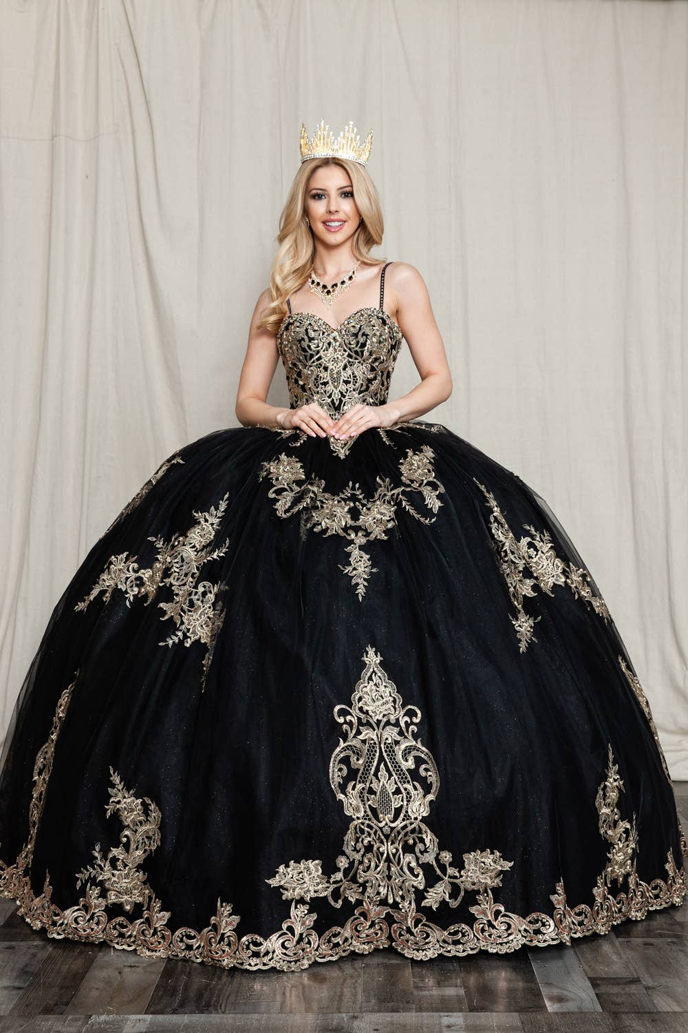Elegant Princess Vanessa Ball Gown with Glitter Tulle and Gold Embroidery