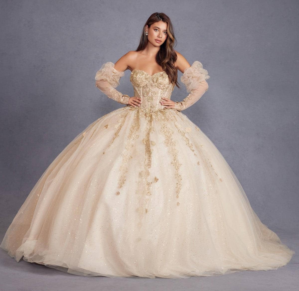 Elegant Champagne 3D Floral Applique Puff Sleeve Quinceanera Ball Gown