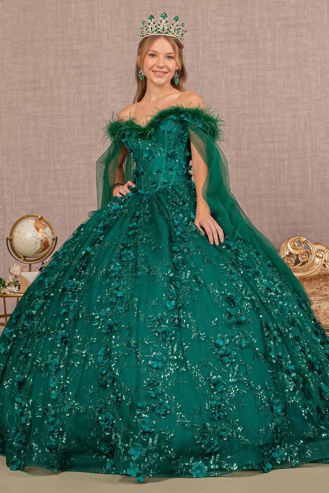 Elegant Mesh Quinceanera Ball Gown with Feather and Floral Embellishments
