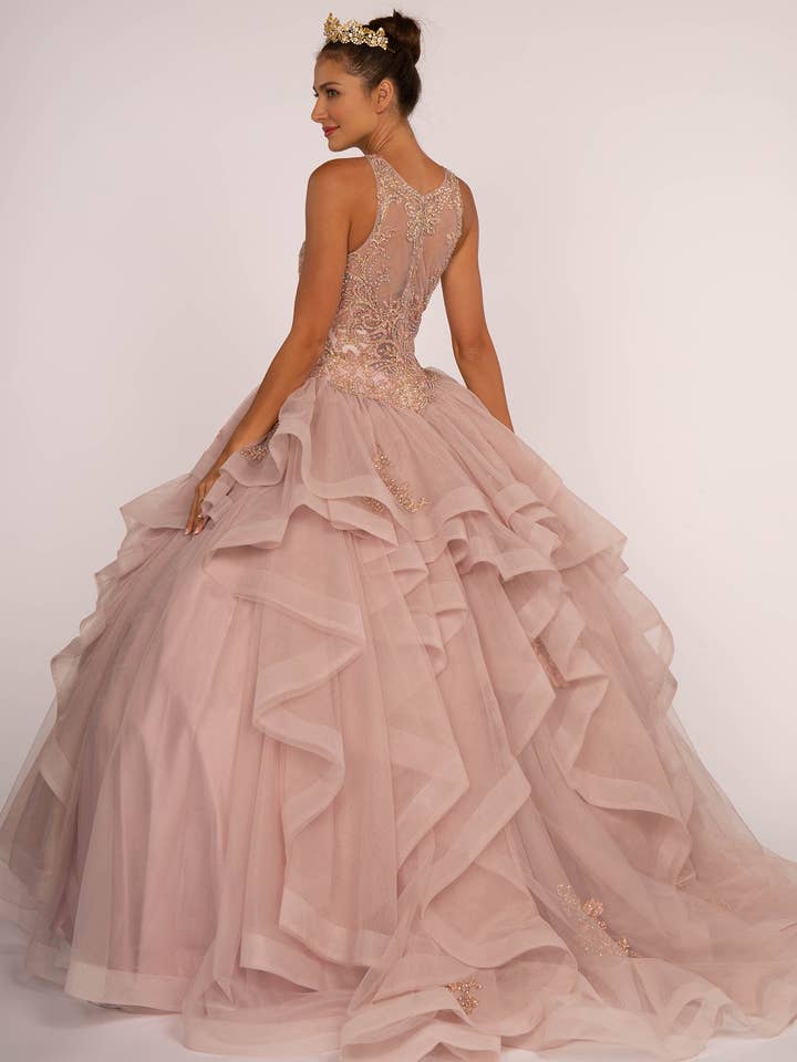 Elegant Embroidered Bodice Ruffle Skirt Ball Gown - Women's Formal Dress