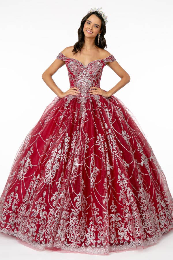 Sparkling Glitter Mesh Quinceanera Gown with Cut-Away Shoulders & Sweetheart Neckline