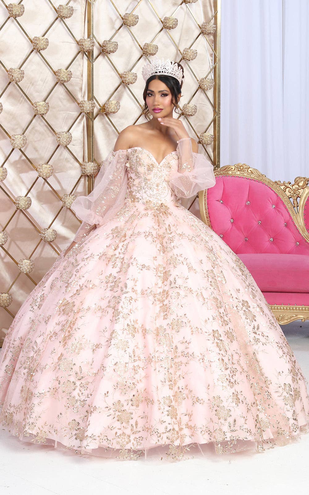 Elegant Off Shoulder Puff Sleeves Quinceanera Ball Gown with Glitter Floral Applique