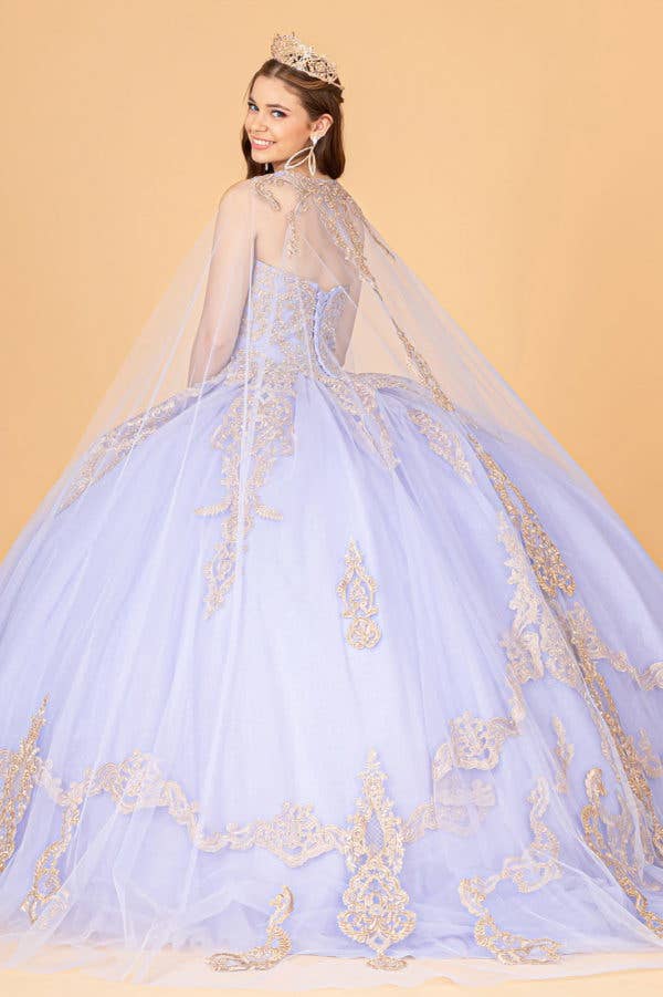 Elegant Glitter Jewel Embellished Quinceanera Ball Gown with Long Mesh Cape