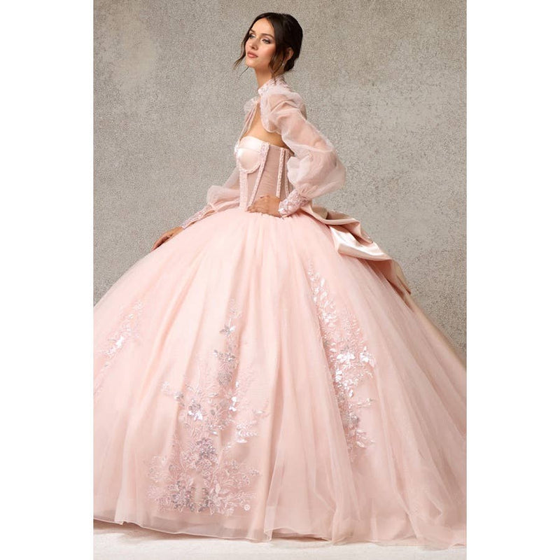 {Blush Pink Quinceañera Ball Gown | Sweetheart Corset & Sheer Bolero} - {} at {Linda Mariposa}
