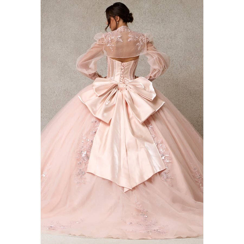 {Blush Pink Quinceañera Ball Gown | Sweetheart Corset & Sheer Bolero} - {} at {Linda Mariposa}