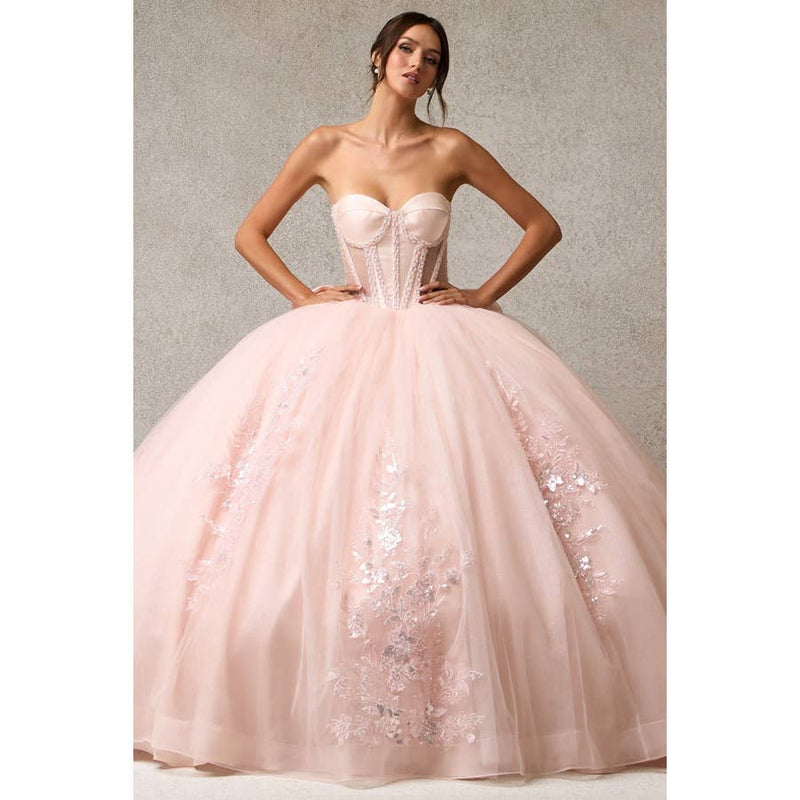 {Blush Pink Quinceañera Ball Gown | Sweetheart Corset & Sheer Bolero} - {} at {Linda Mariposa}