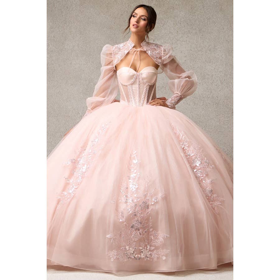 {Blush Pink Quinceañera Ball Gown | Sweetheart Corset & Sheer Bolero} - {} at {Linda Mariposa}