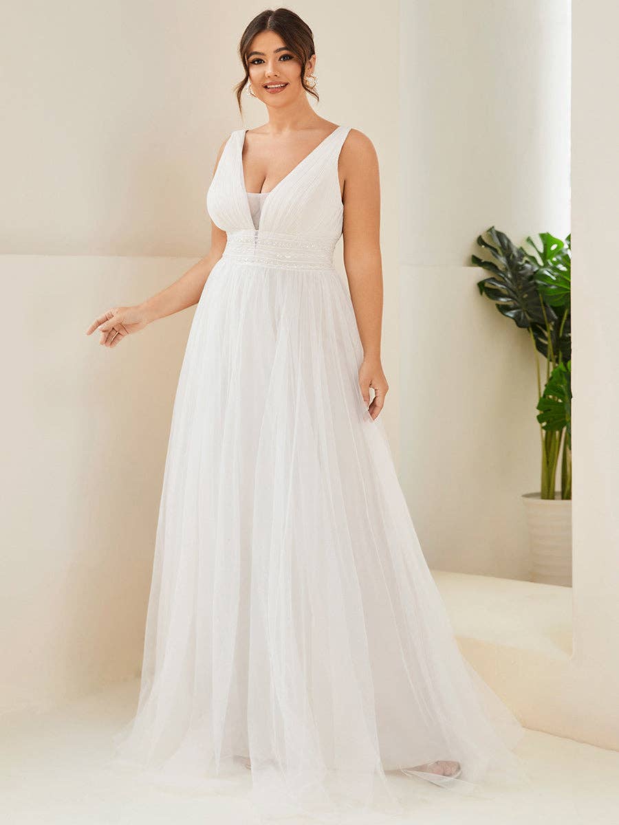 Elegant Plus Size Backless A-Line Mesh Sleeveless Wedding Dress Glamour