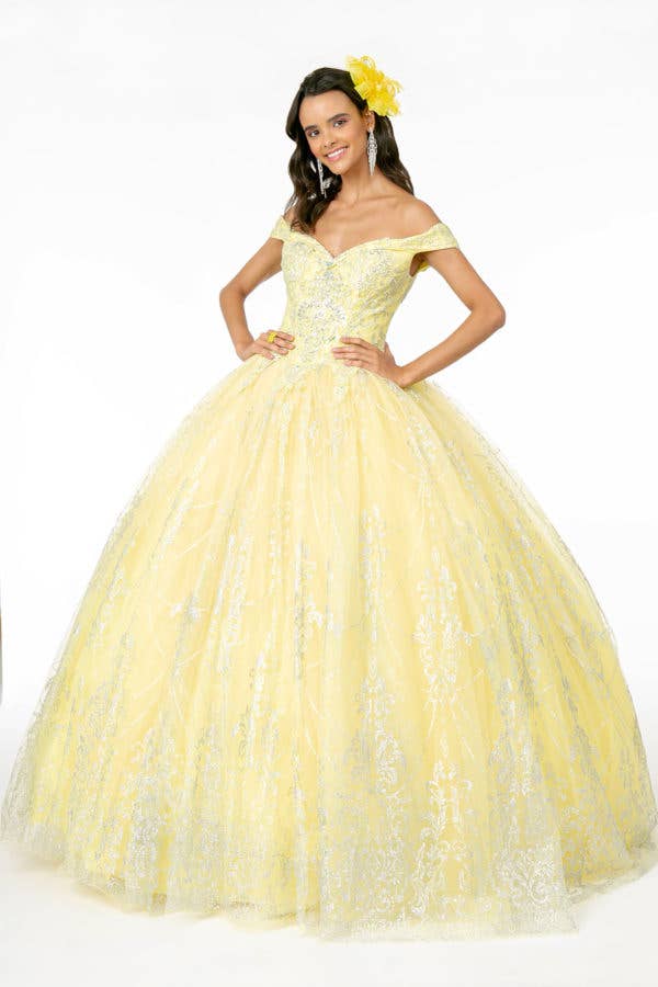 Sparkling Glitter Mesh Quinceanera Gown with Cut-Away Shoulders & Sweetheart Neckline