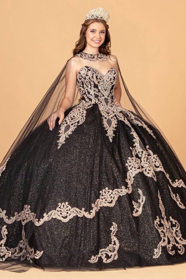 Elegant Glitter Jewel Embellished Quinceanera Ball Gown with Long Mesh Cape