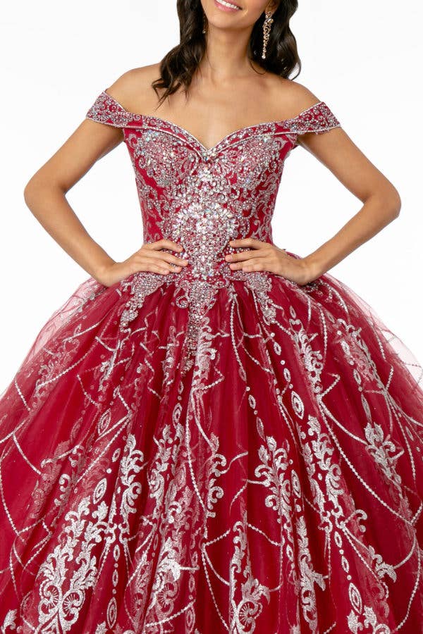 Sparkling Glitter Mesh Quinceanera Gown with Cut-Away Shoulders & Sweetheart Neckline