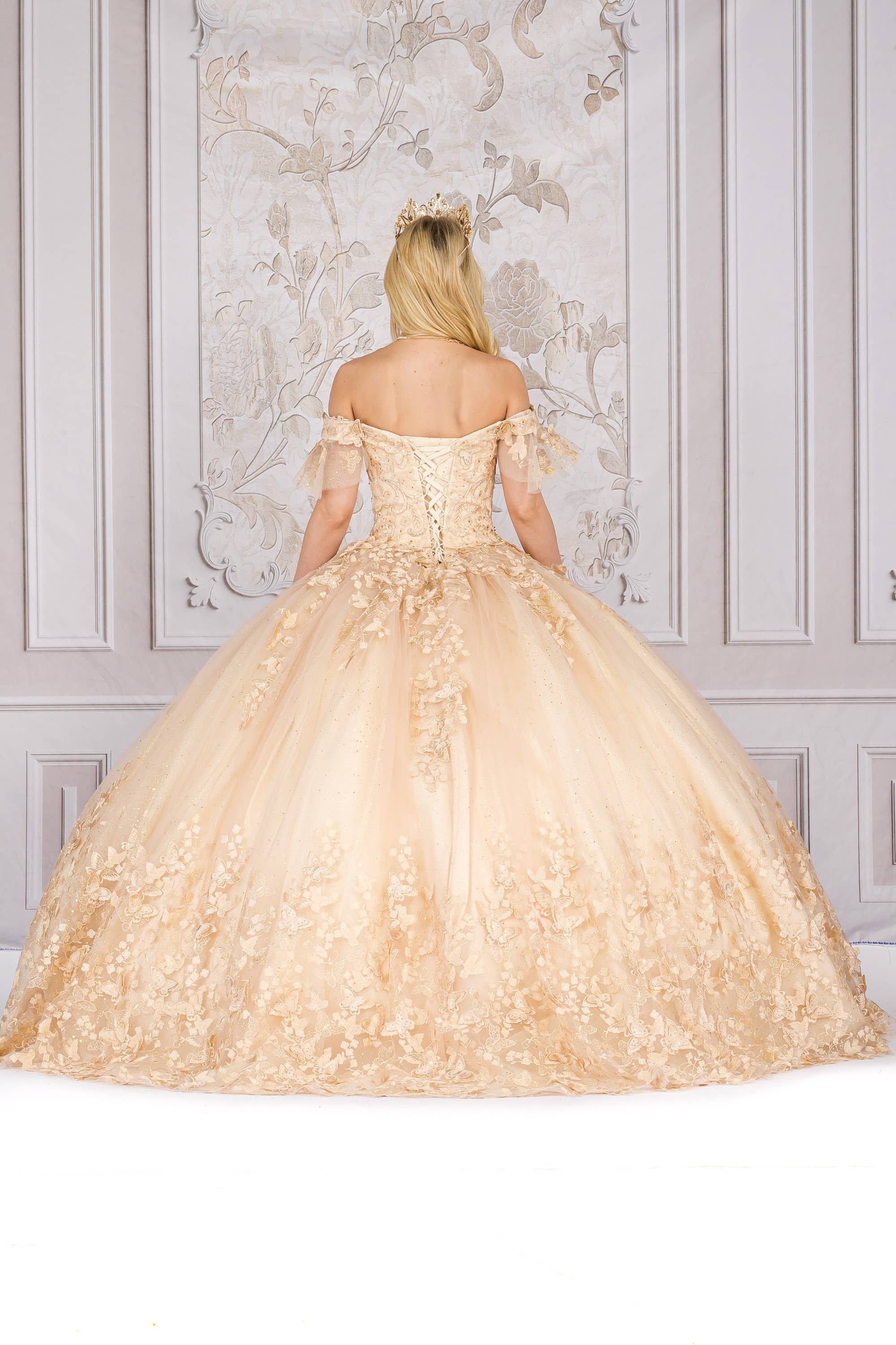 Champagne Detachable Ruffle Sleeves Butterfly Quinceanera Ball Gown for Special Events
