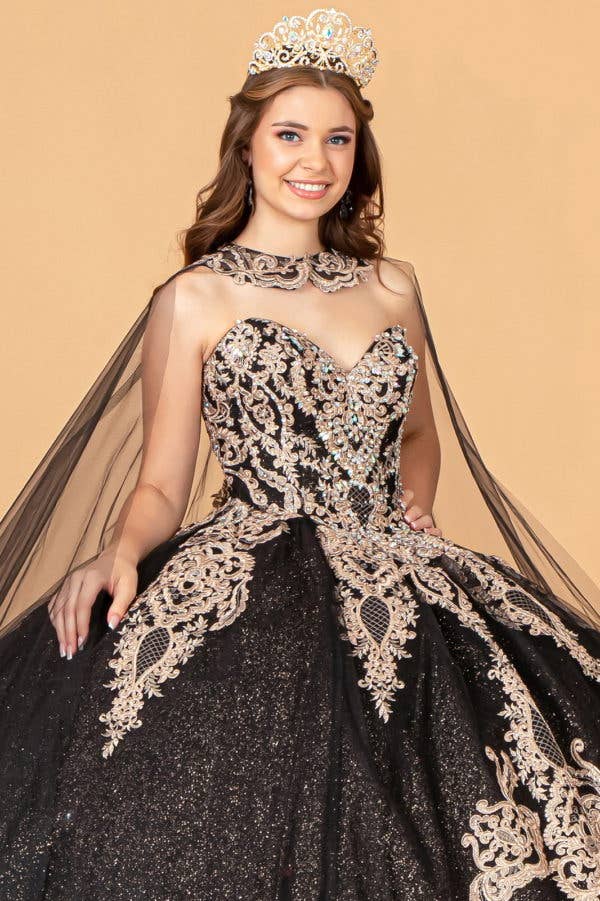 Elegant Glitter Jewel Embellished Quinceanera Ball Gown with Long Mesh Cape