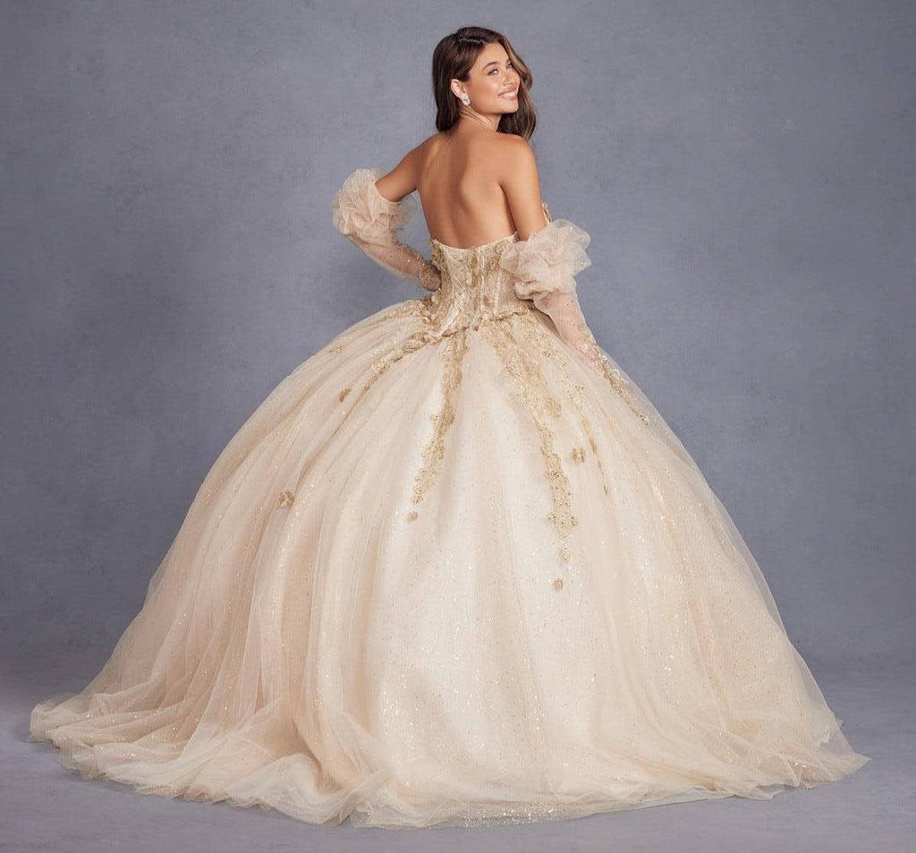 Elegant Champagne 3D Floral Applique Puff Sleeve Quinceanera Ball Gown