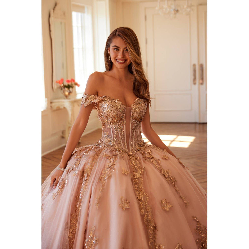 Elegant Rose Gold Sequin Off-Shoulder Ball Gown for Formal Occasions