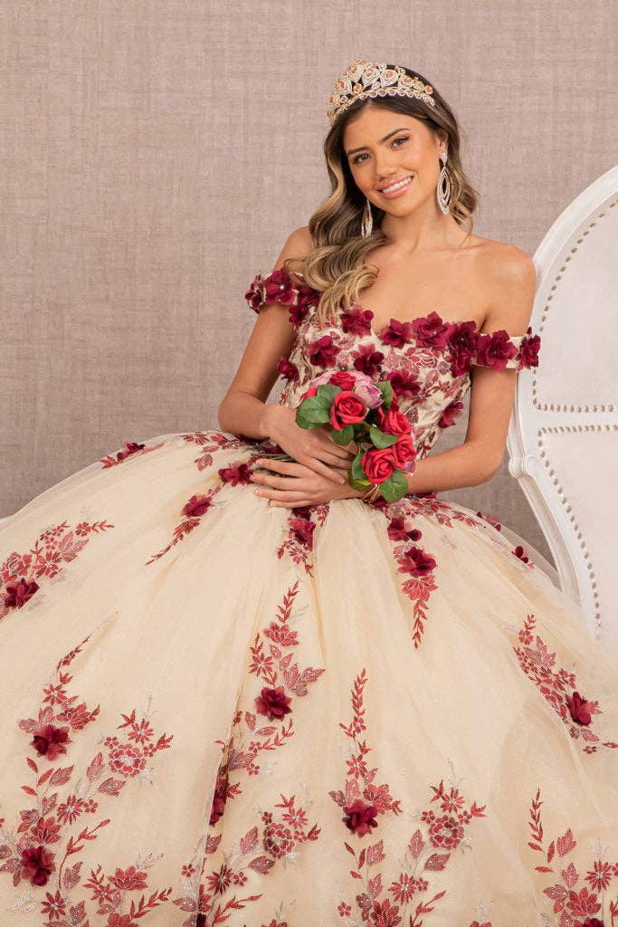 Elegant 3-D Flower Embroidered Off-Shoulder Mesh Quinceanera Ball Gown