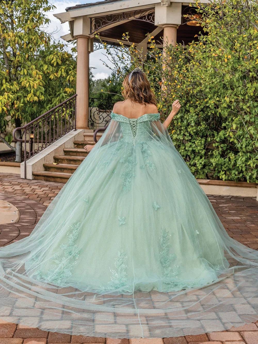 LA Merchandise LAQ1853 Sage Off-Shoulder Floral Applique Ball Gown with Cape