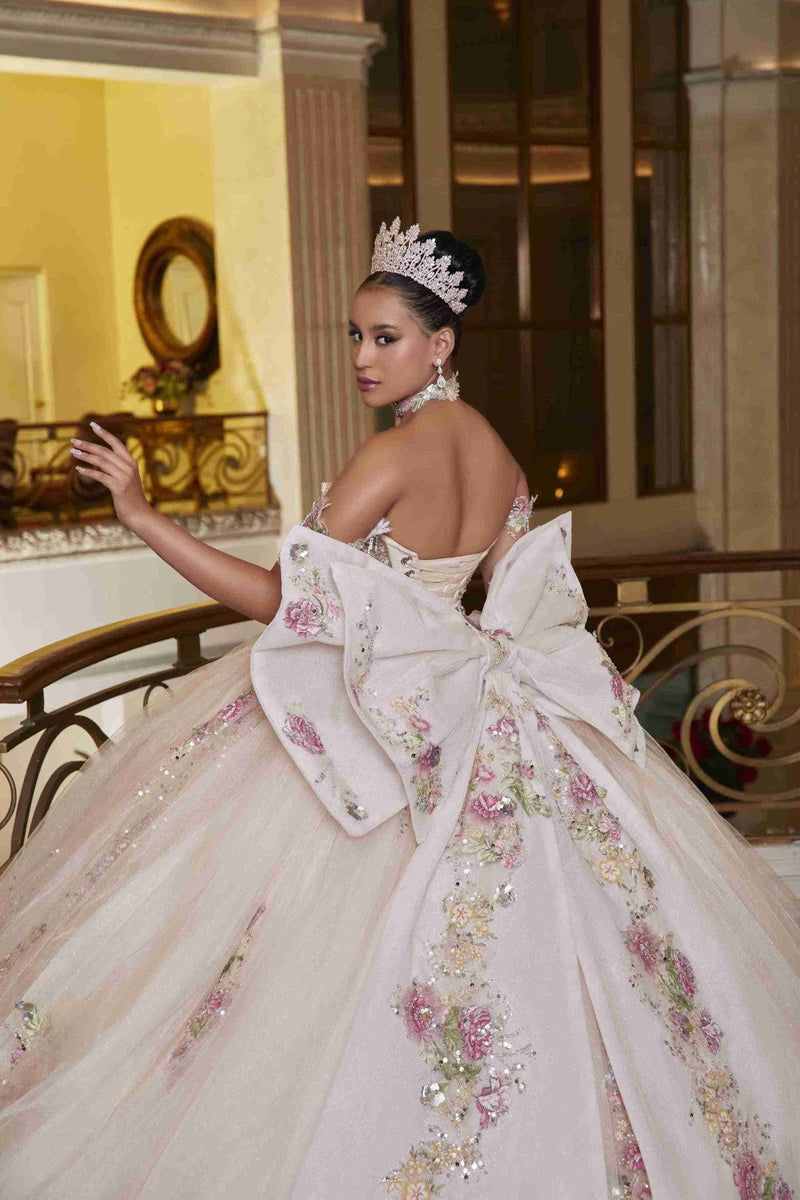 {Champagne Elegance Perfect Dress 15 Quinceañera Gown That Shines Softly} - {} at {Linda Mariposa}