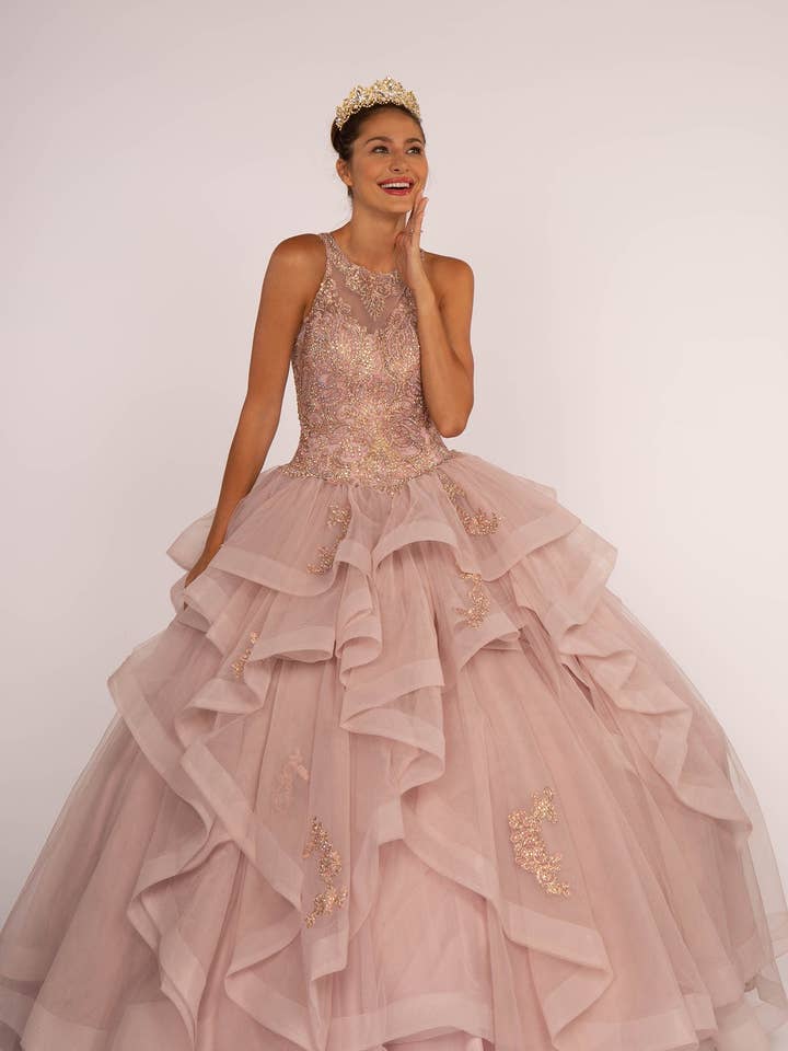 Elegant Embroidered Bodice Ruffle Skirt Ball Gown - Women's Formal Dress