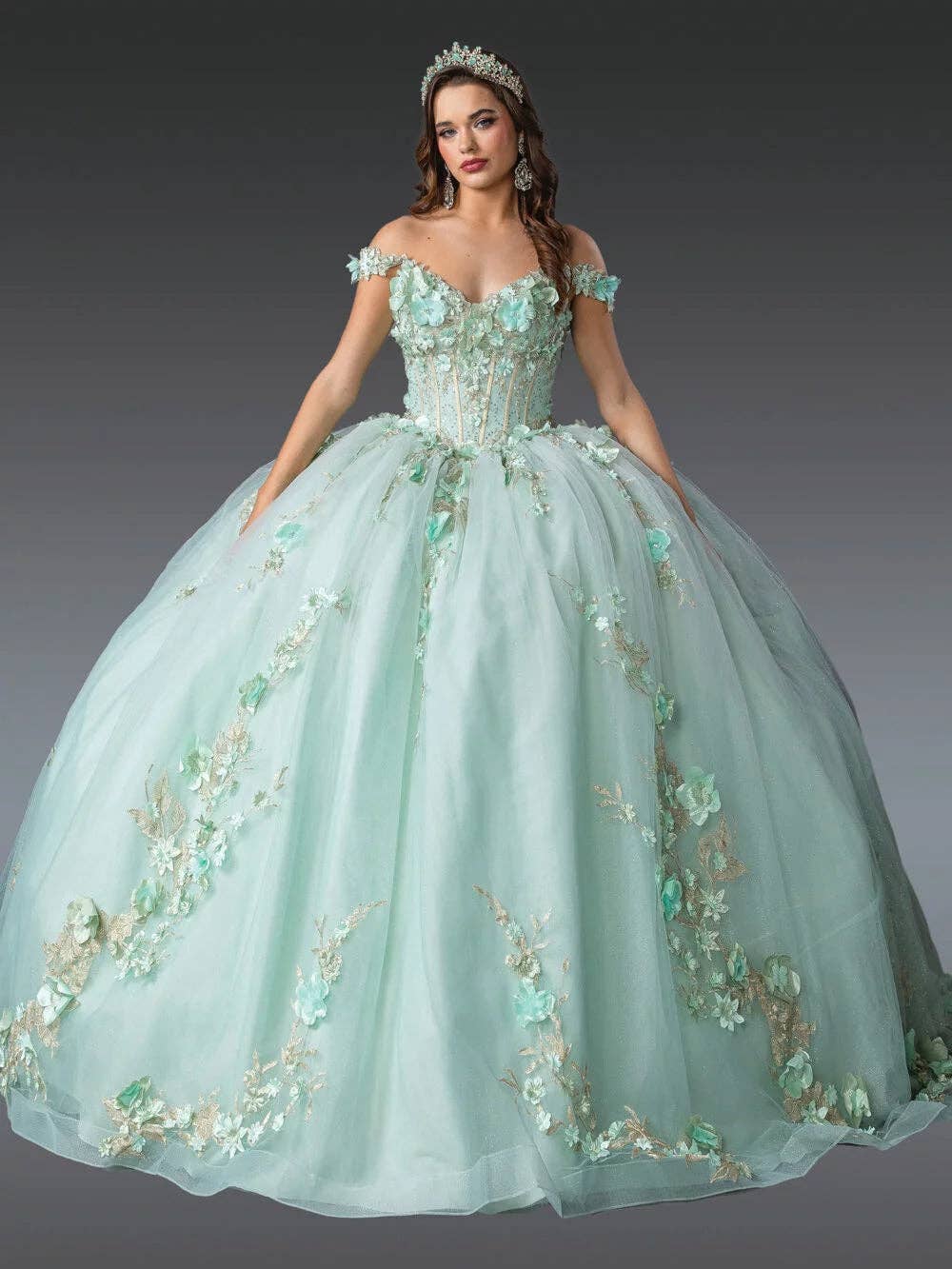 Enchanting Ball Gown with 3D Floral Appliques and Corset Bodice