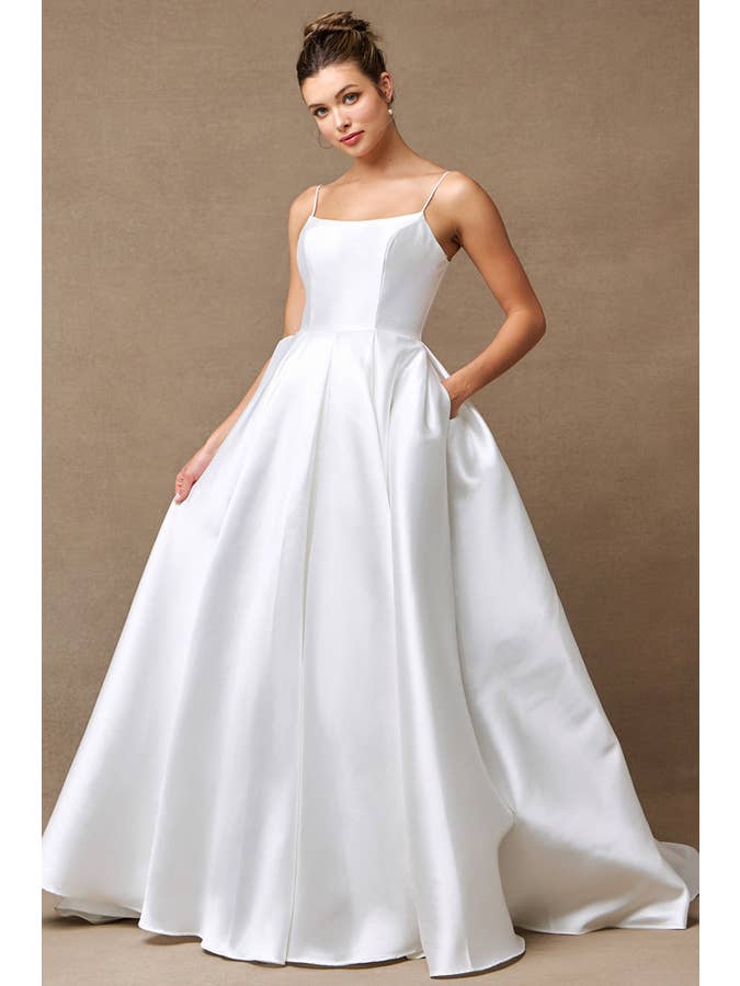 Elegant Off-White Sleeveless A-Line Mikado Wedding Gown with Pockets and Bow
