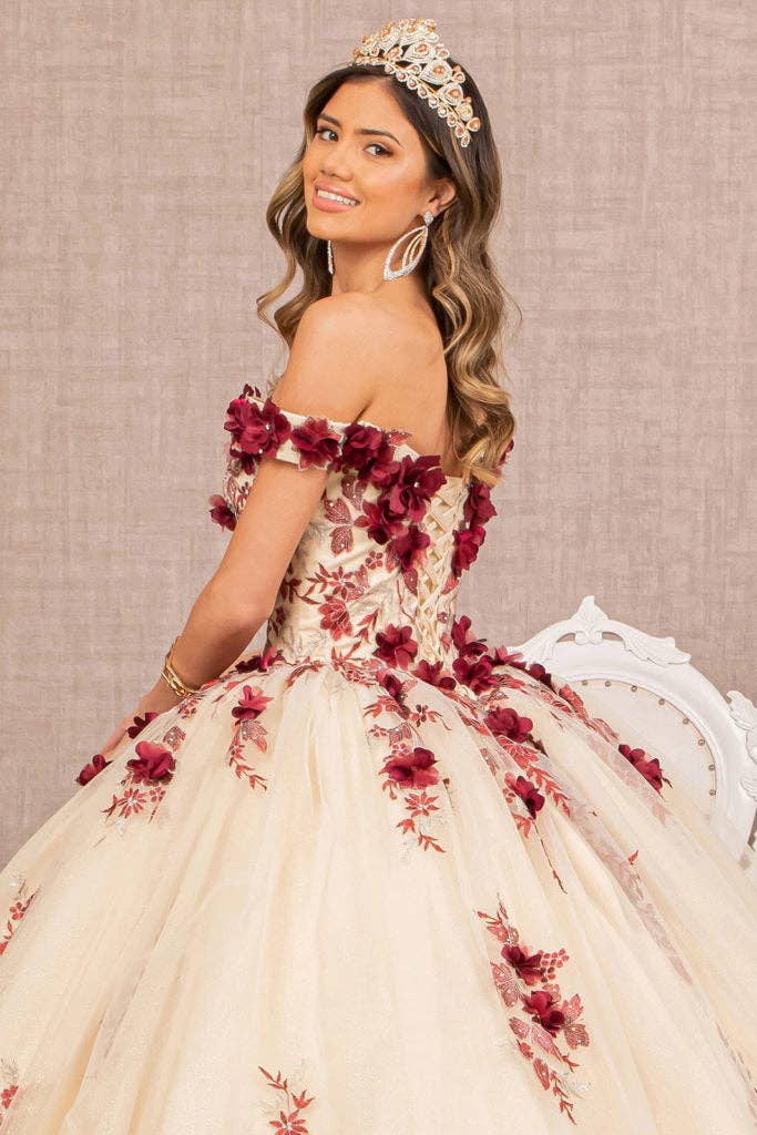 Elegant 3-D Flower Embroidered Off-Shoulder Mesh Quinceanera Ball Gown