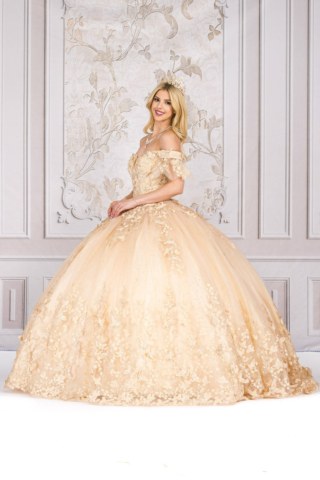 Champagne Detachable Ruffle Sleeves Butterfly Quinceanera Ball Gown for Special Events