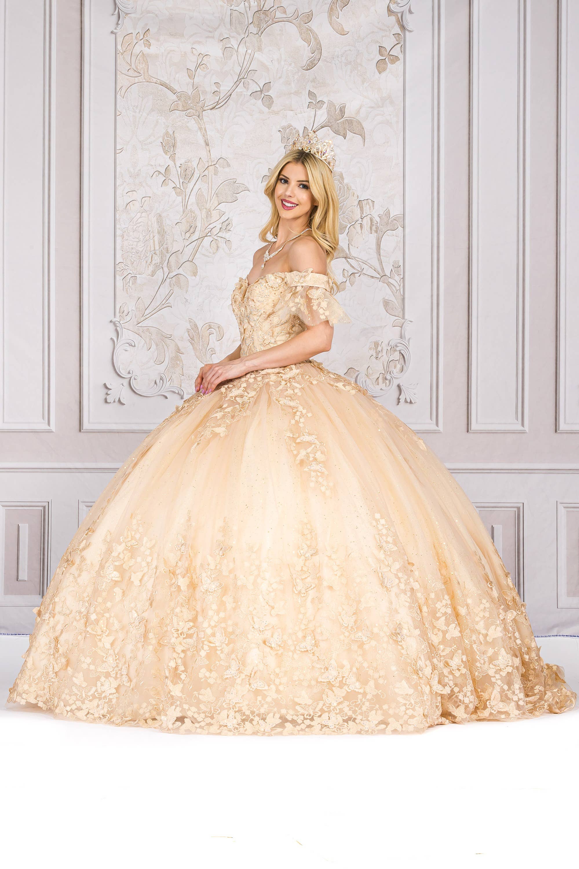 Champagne Detachable Ruffle Sleeves Butterfly Quinceanera Ball Gown for Special Events