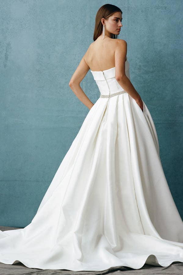 Elegant Strapless A-Line Mikado Wedding Gown with Pockets & Beaded Belt