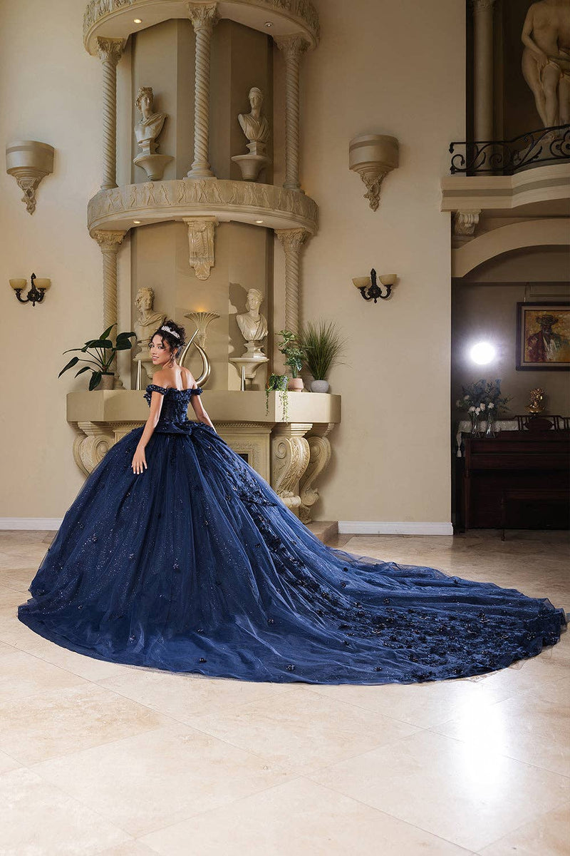 {Dazzling Sequin 3D Floral Off - Shoulder Tulle Ball Gown for Sweet 16 & Prom} - {} at {Linda Mariposa}