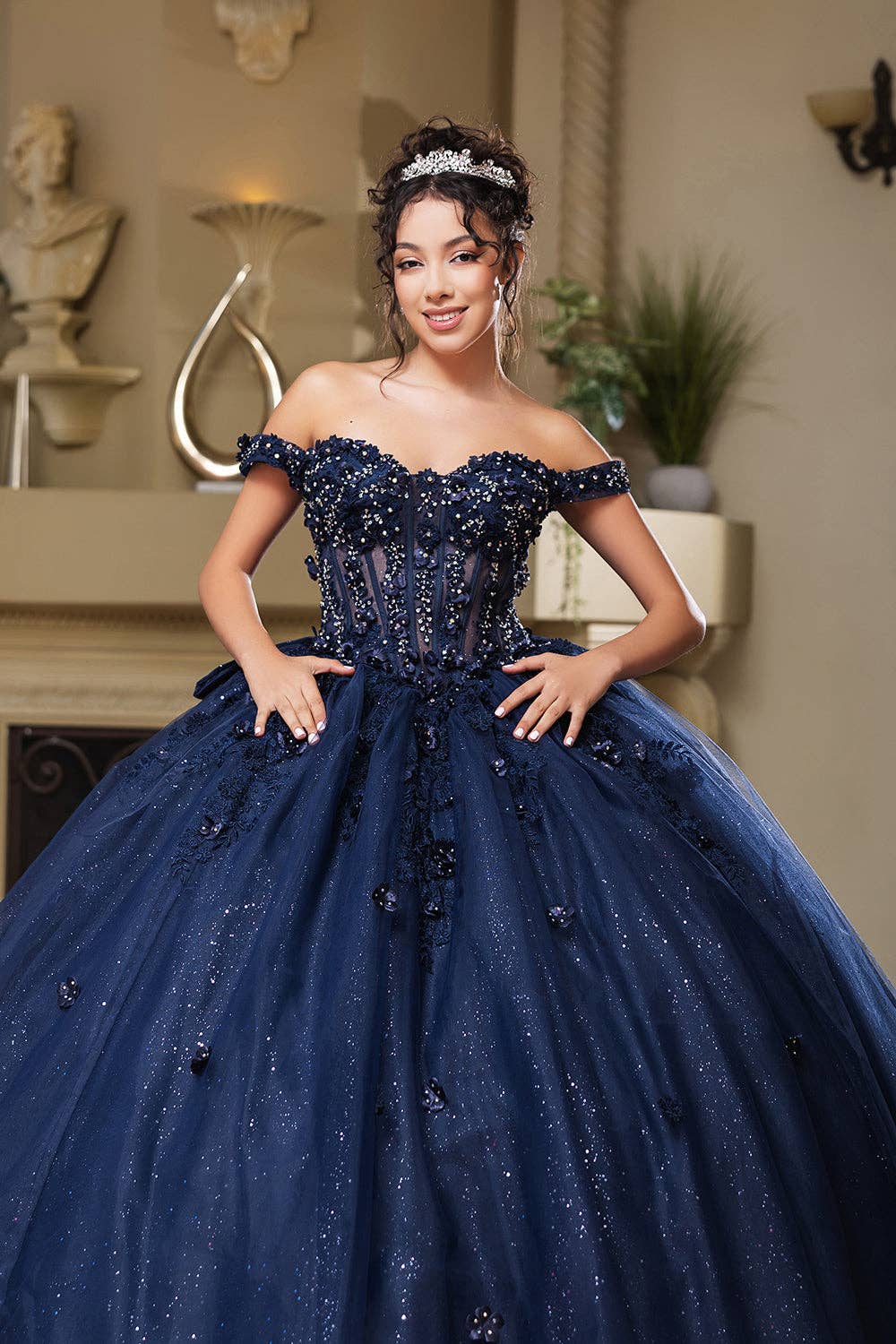 {Dazzling Sequin 3D Floral Off - Shoulder Tulle Ball Gown for Sweet 16 & Prom} - {} at {Linda Mariposa}