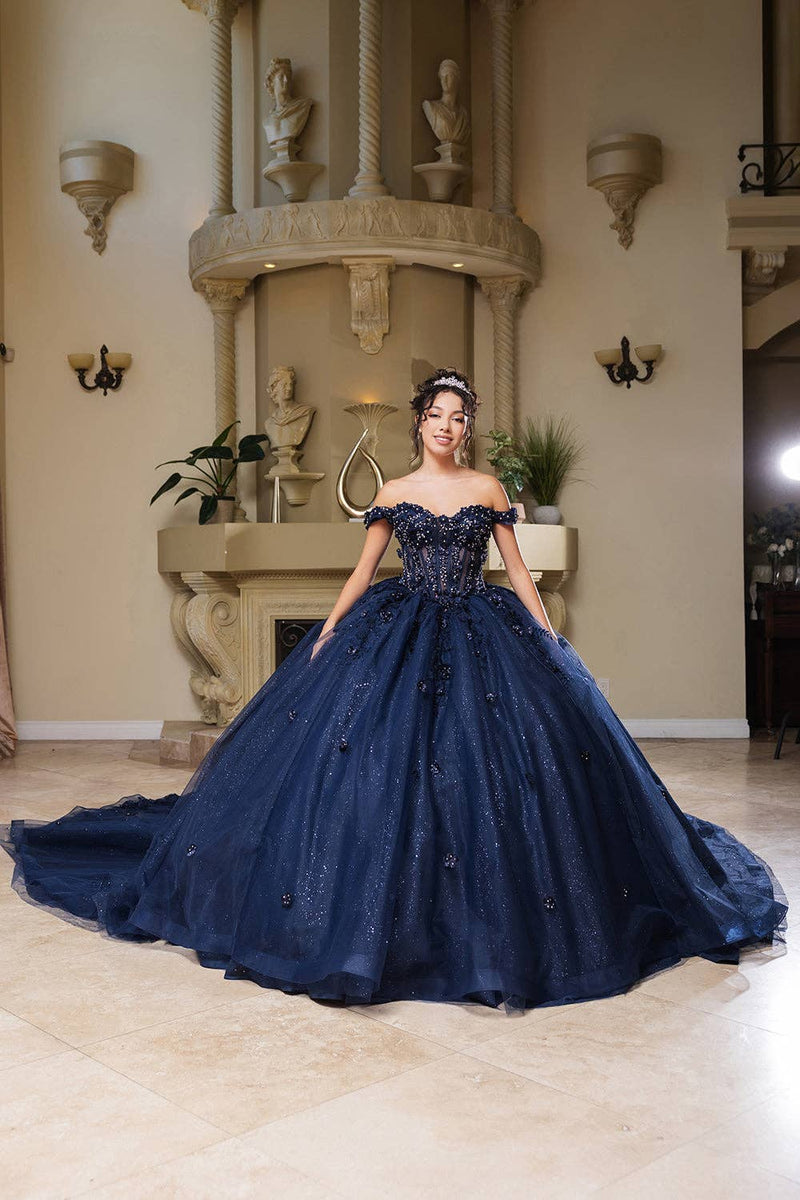 {Dazzling Sequin 3D Floral Off - Shoulder Tulle Ball Gown for Sweet 16 & Prom} - {} at {Linda Mariposa}