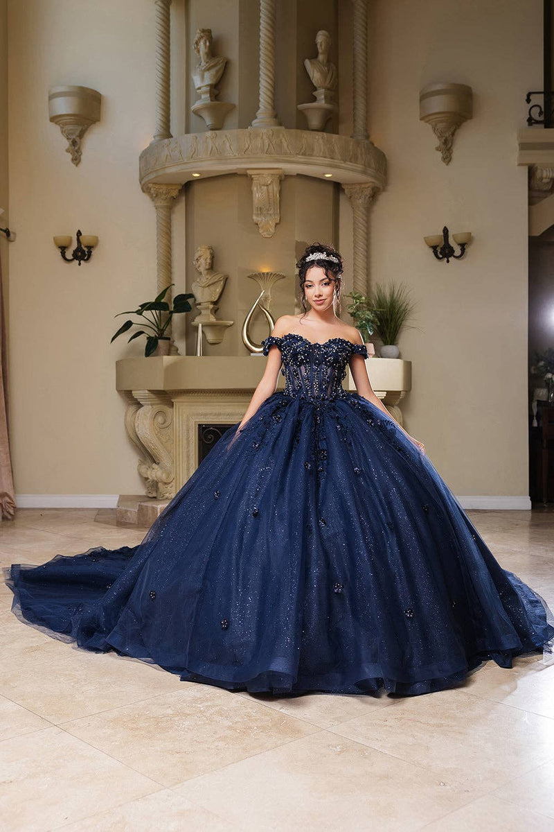 {Dazzling Sequin 3D Floral Off - Shoulder Tulle Ball Gown for Sweet 16 & Prom} - {} at {Linda Mariposa}