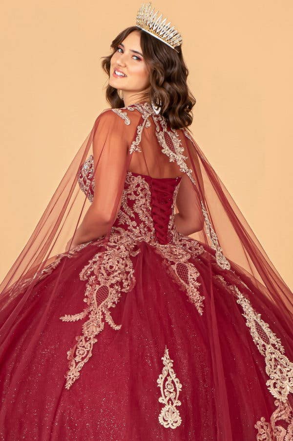 Elegant Glitter Jewel Embellished Quinceanera Ball Gown with Long Mesh Cape