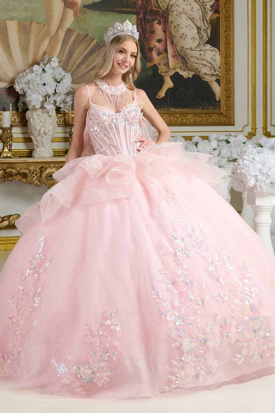 Glamorous Blush Tulle Ball Gown, Ruffled Waist, Beaded Choker & Detachable Cape
