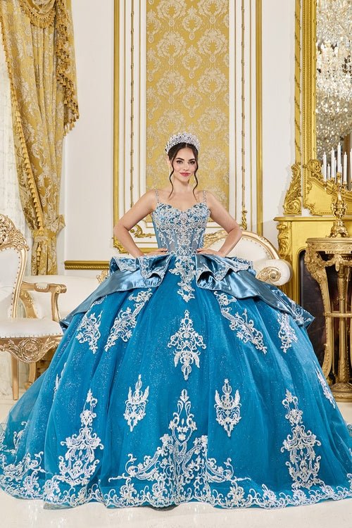 Dusty Teal & Silver Lace Quinceaera Dress Ball Gown Style #5125 Dusty Teal / 2 Dusty Teal & Silver Lace Quinceaera Dress Ball Gown Style #5125 Dusty Teal / 2