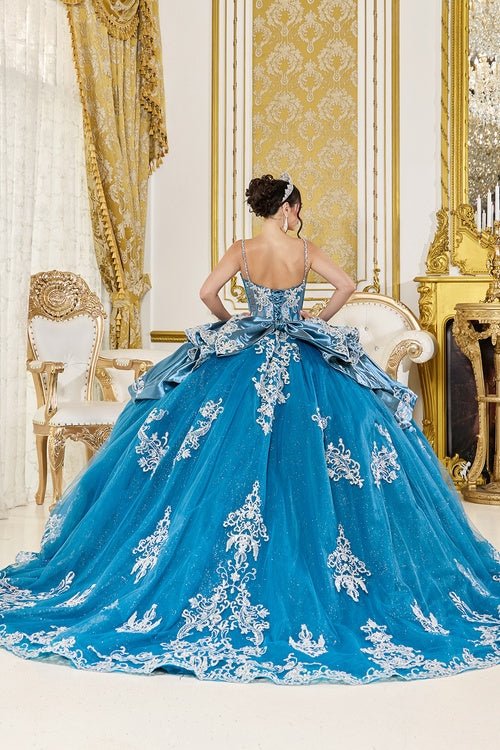 {Dusty Teal & Silver Lace Quinceañera Dress – Ball Gown Style 5125} - {} at {Linda Mariposa}