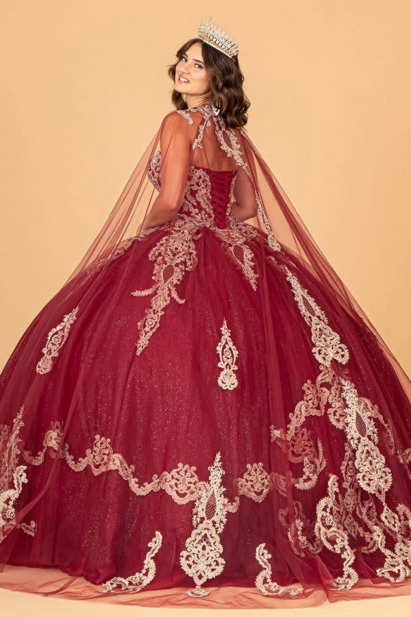Elegant Glitter Jewel Embellished Quinceanera Ball Gown with Long Mesh Cape