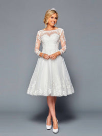 Elegant Knee-Length Vintage Wedding Dress with Lace Applique Long Sleeves
