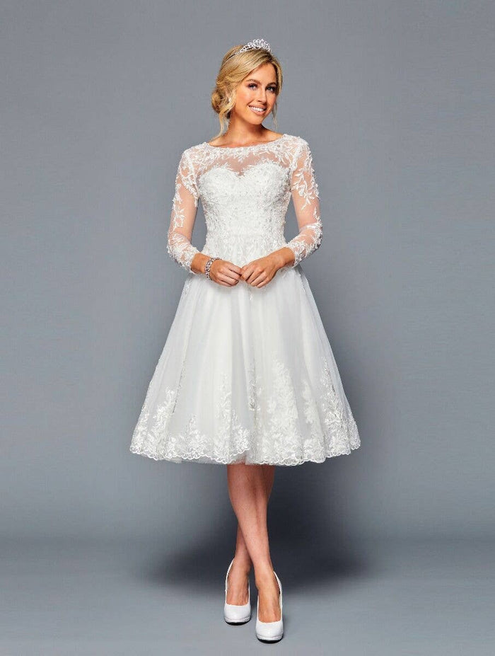 Elegant Knee-Length Vintage Wedding Dress with Lace Applique Long Sleeves