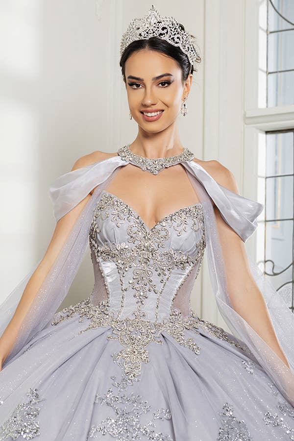 Stunning A-Line Quinceanera Ball Gown with Neckband Capelet & Glitter Sparkle