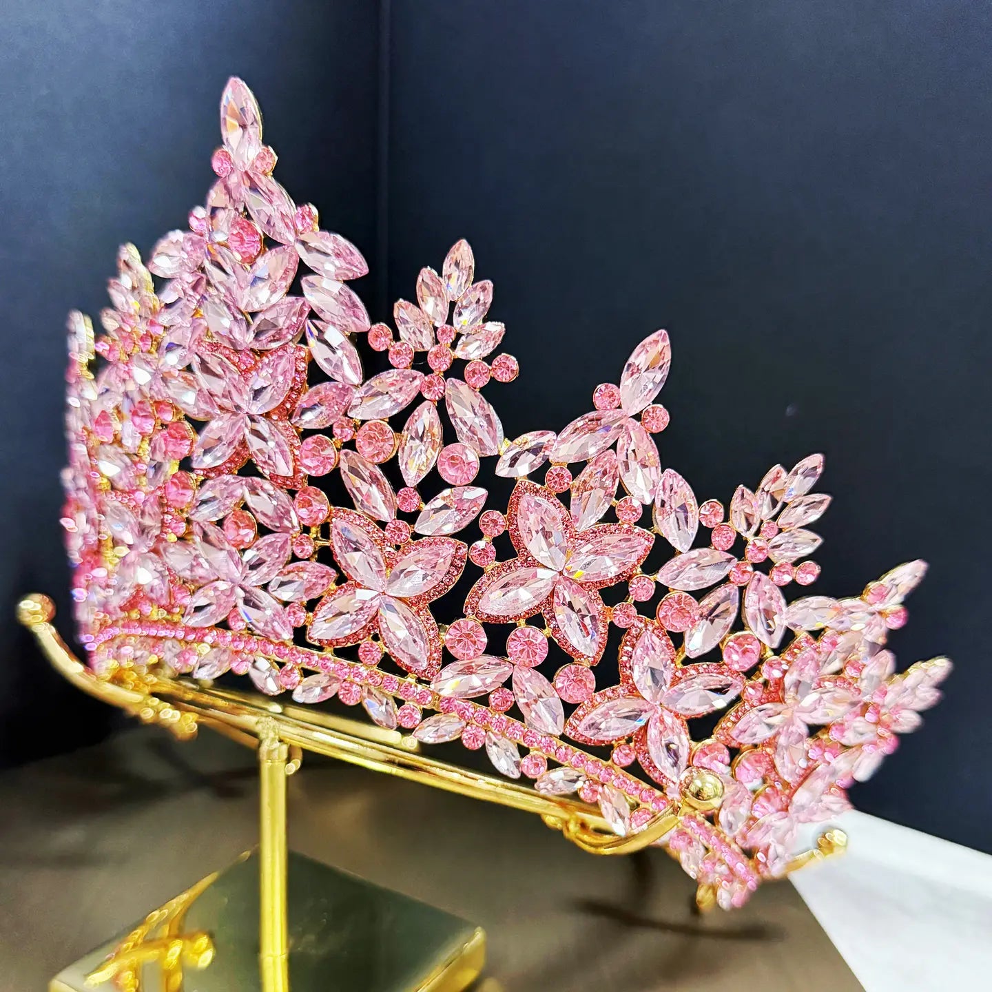 Wholesale Quinceanera Crown, Pink Crystal Crown, Prom Gold Headdress