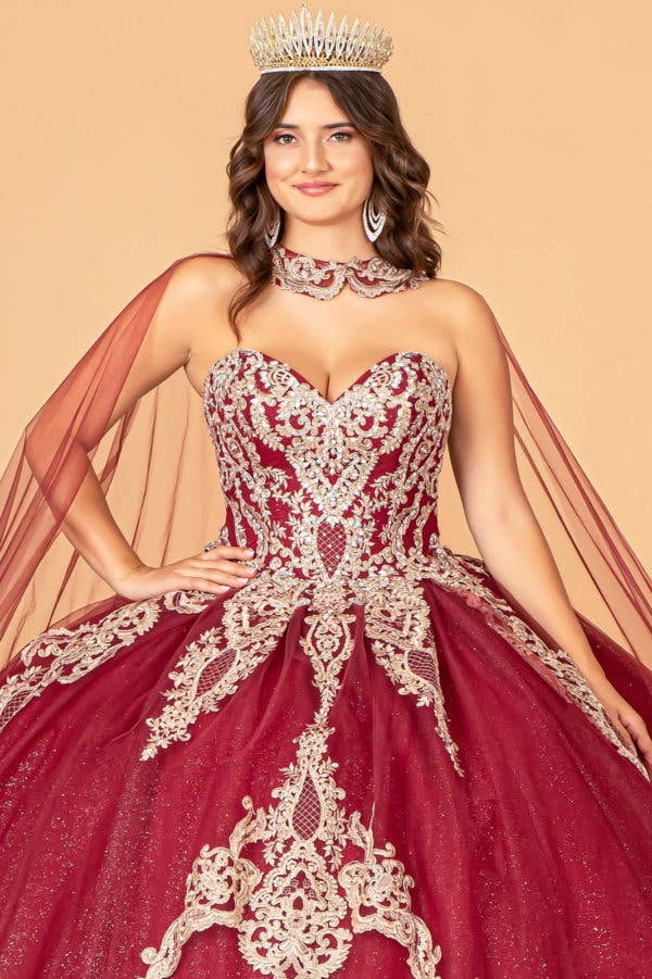 Elegant Glitter Jewel Embellished Quinceanera Ball Gown with Long Mesh Cape