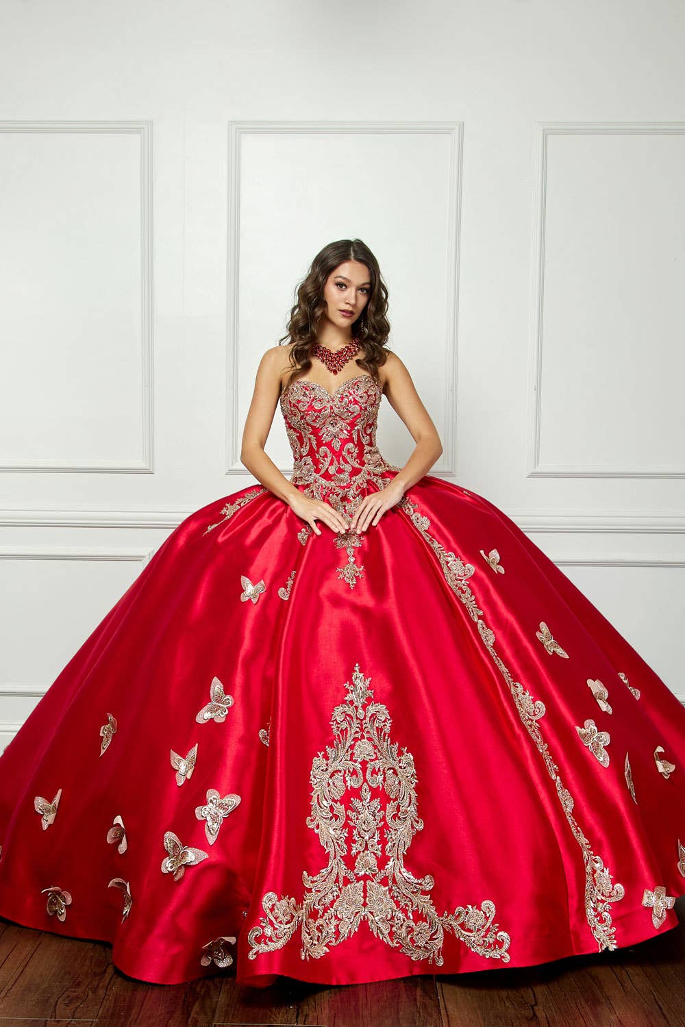 Stunning Royal Blue/Red Quinceañera Ball Gown with Golden Butterfly Accents