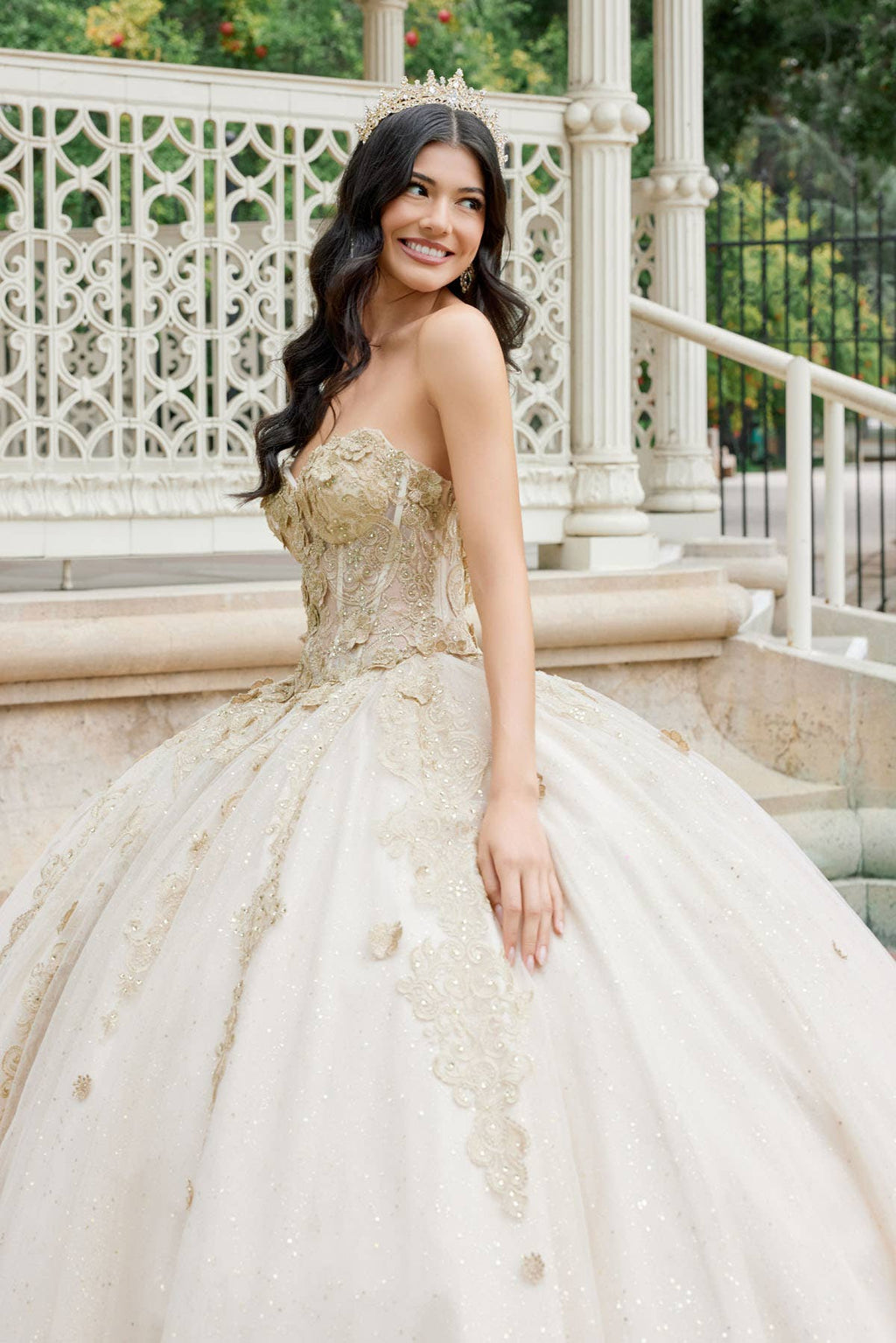 Elegant Champagne 3D Floral Applique Puff Sleeve Quinceanera Ball Gown