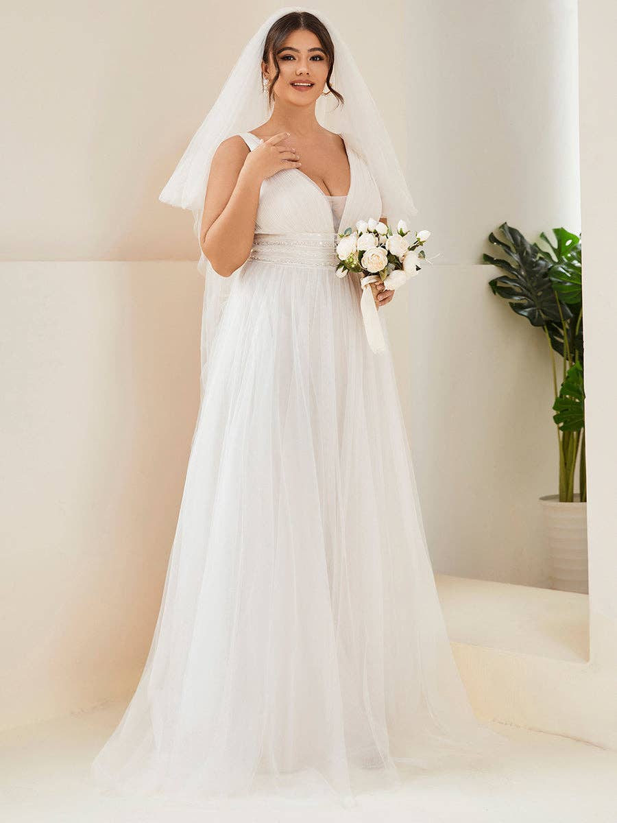 Elegant Plus Size Backless A-Line Mesh Sleeveless Wedding Dress Glamour