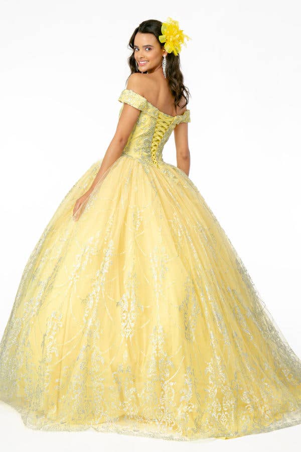 Sparkling Glitter Mesh Quinceanera Gown with Cut-Away Shoulders & Sweetheart Neckline