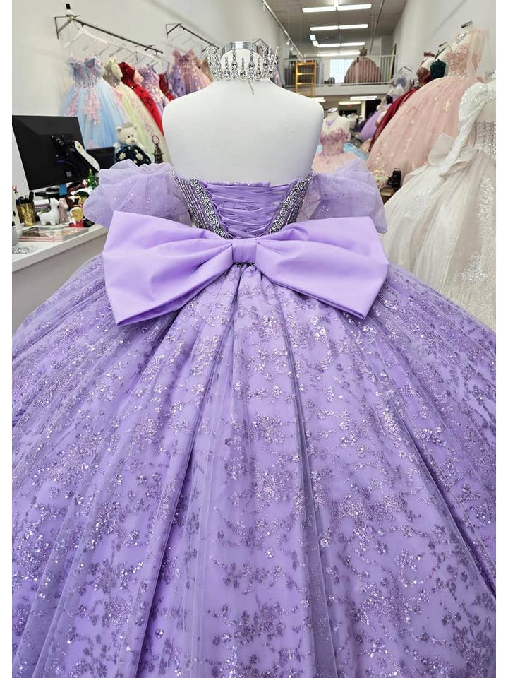 Glamorous Glass Beaded Glitter Tulle Quinceañera Dress with Detachable Sleeves