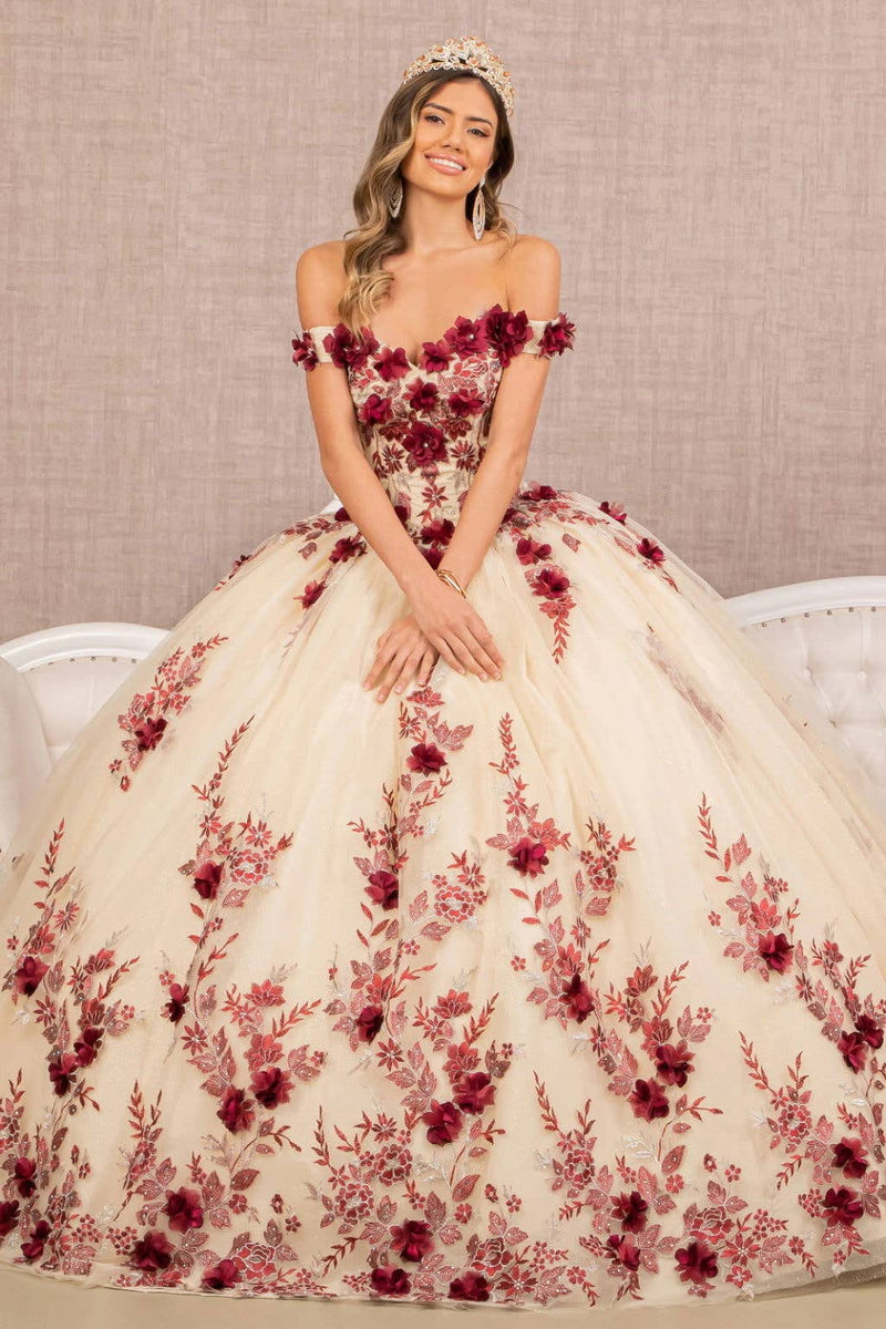 {Elegant 3 - D Flower Embroidered Off - Shoulder Mesh Quinceanera Ball Gown} - {} at {Linda Mariposa}