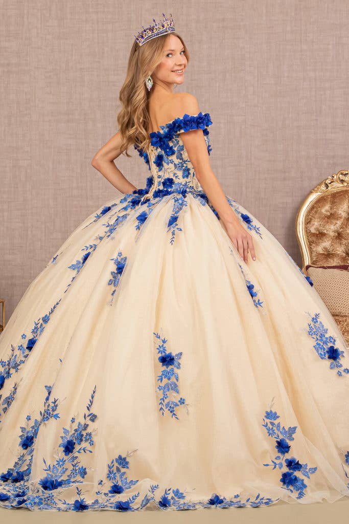 {Elegant 3 - D Flower Embroidered Off - Shoulder Mesh Quinceanera Ball Gown} - {} at {Linda Mariposa}